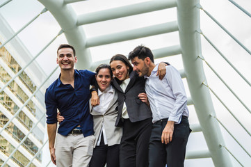 Successful business team on the city background.