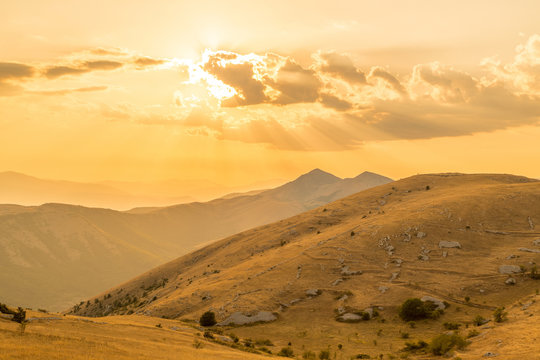 Campo Imperatore at sunset.Europe, Italy, Abruzzo, Province of L'Aquila, Gran Sasso and Monti della Laga National Park