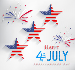 Happy 4th of July Independence Day greeting card with stars, fireworks, and lettering text design. 