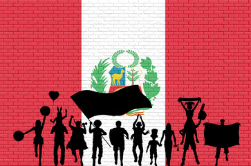 Fototapeta premium Peruvian supporter silhouette in front of brick wall with Peru flag