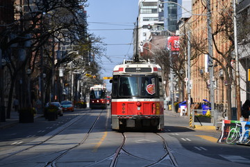 Fototapeta na wymiar Old tram downtown in Montreal 