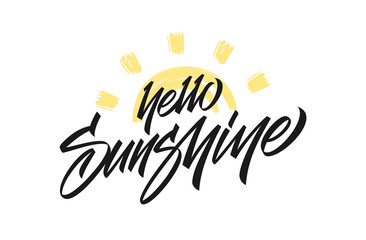 Vector illustration: Handwritten type lettering of Hello Sunshine with hand drawn Sun on white background.