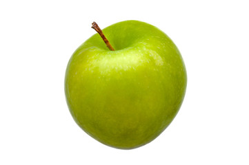 A large green fresh, bright green apple close-up on a white background.