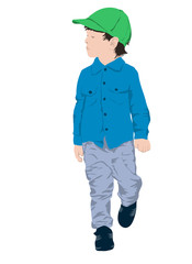 boy in blue shirt, gray pants and green cap. face changed to abstract
