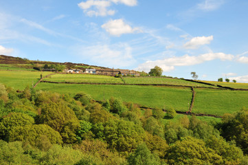 west yorkshire dales scenery with farmhouses perched on high hills with typical walled fields and midgley moor in the distance with blue sunlit summer sky