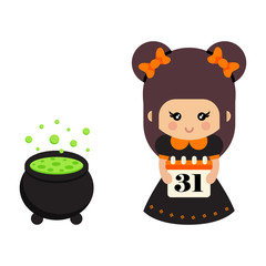 cartoon cute witch with bow and calendar and cauldron