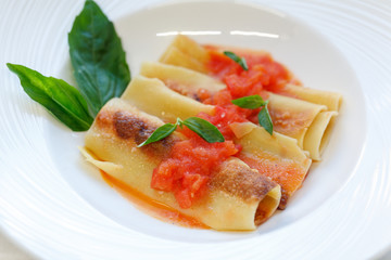 Italian cannelloni pasta with tomato sauce and basil on white ceramic plate