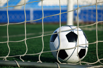 Naklejka premium Football on a green field. The ball in the goal.