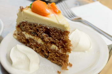 Slice of Carrot Cake with Cream A, Shallow Depth of Field Close up Food Photography