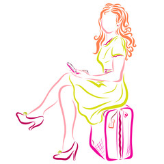 Fashionable young lady with luggage and cell phone