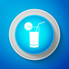 White Glass of juice icon isolated on blue background. Orange slice and tube for drinking. Healthy organic food. Circle blue button with white line. Vector Illustration