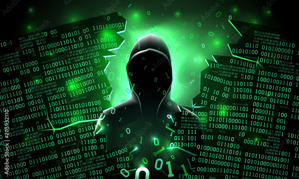 Poster hacker using the internet hacked abstract computer server, database, network storage, firewall, soci