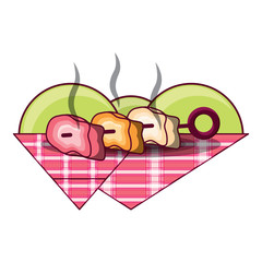 grilled sweker on picnic tablecloth over white background, vector illustration