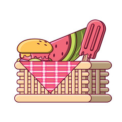 picnic basket with hamburger, ice cream and watermelon over white background, vector illustration