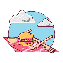 picnic design with tablecloth with hamburger over white background, vector illustration