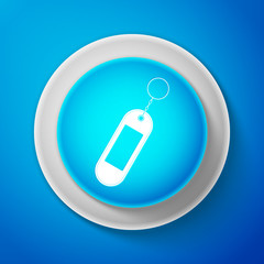 White Key chain icon isolated on blue background. Blank rectangular keychain with ring and chain for key. Circle blue button with white line. Vector Illustration