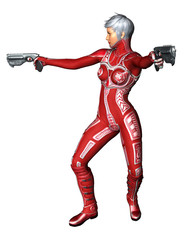 Fototapeta premium Sci fi warrior woman, holding guns in both hands. White background. 3D rendering.