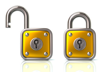 Golden lock and unlock padlock 3d illustration on white background