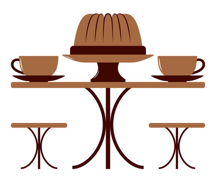 brown cake and coffee cups on table clip art preview