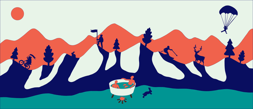 Flat design modern vector illustration, red flat mountains with snow
