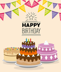 birthday card with sweet cake and garlands vector illustration design