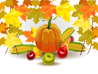Vector banner Pumpkin on a background of yellow and orange foliage