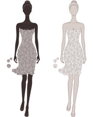 Beautiful young woman in dress of roses in two coloring variants