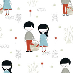 Cute hand drawn seamless pattern with little girl and boy in the forest in scandinavian style.