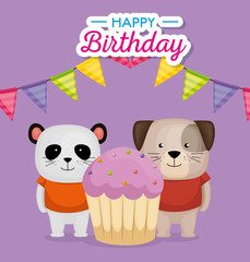 happy birthday card with cupcake and cute animals vector illustration design