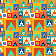 Abstract seamless pattern of circles, squares and triangles. Movement of geometric shapes.