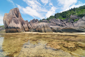 Granite rock formations on beaches of the island La Digue , Seychelles
