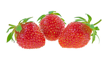three red strawberries isolated on white background