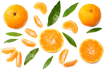 mandarin with slices and green leaf isolated on white background top view