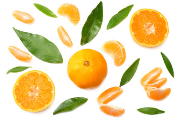 mandarin with slices and green leaf isolated on white background top view