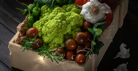 Raw organic set of fresh vegetables in wooded box background. Autumn harvest from the garden. Vertical.