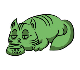 Green cat eats from a bowl. A series of silly multi-colored cats
