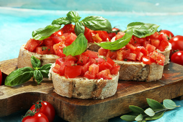 fresh tomato bruschetta. italian food appetizer with basil