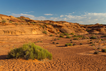 Area around Horseshoe Bend in summer sunny day, formation in Colorado River.