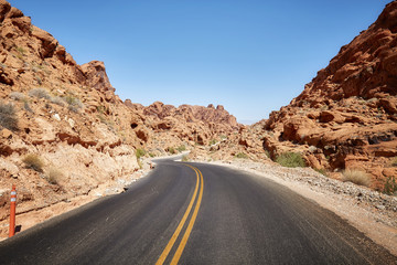 Scenic deserted road, travel concept, Valley of Fire, Nevada, USA.