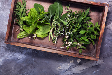 bunch of garden fresh herbs on grey board.