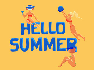 Hand written text Hello summer. Cute cartoon characters. Women on a beach. Summer concept. Vector flat illustration.