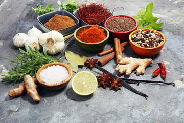 Spices and herbs on table. Food and cuisine ingredients.