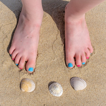 Feet of a young girl standing on a sandy beach with seashells