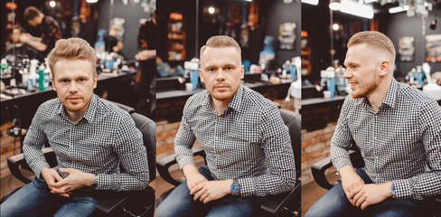Before and after Man in barber chair, hairdresser styling in barbershop