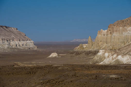 Rock formations at Kysylsai known as Valley of Castles at Caspian Depression desert, Aktau, Mangystau region, Kazakhstan