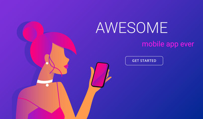 Awesome mobile app ever web poster. Modern gradient line vector illustration of young woman holds smartphone with bright screen. Background for networks post, digital news and ratings with copy space