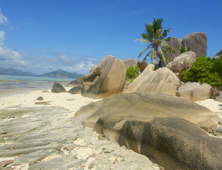 Granite rock formations on beaches of the island La Digue , Seychelles
