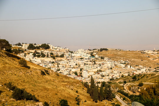View of East Jerusalem with the Wall to the West Bank in the background.