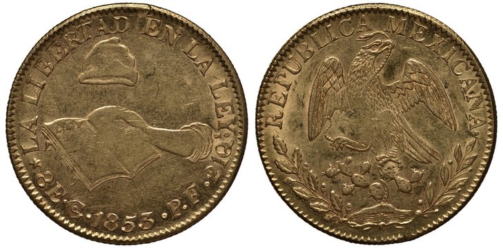 Mexico Mexican coin 8 eight escudo 1853, Liberty and Law motto above, hand holding a book of laws in center, denomination and date below, gold