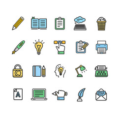 Writer and Copywriting Signs Color Thin Line Icon Set. Vector